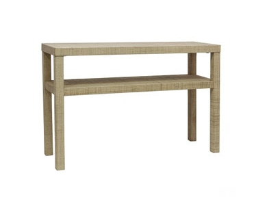 raffia wrapped console table with shelf